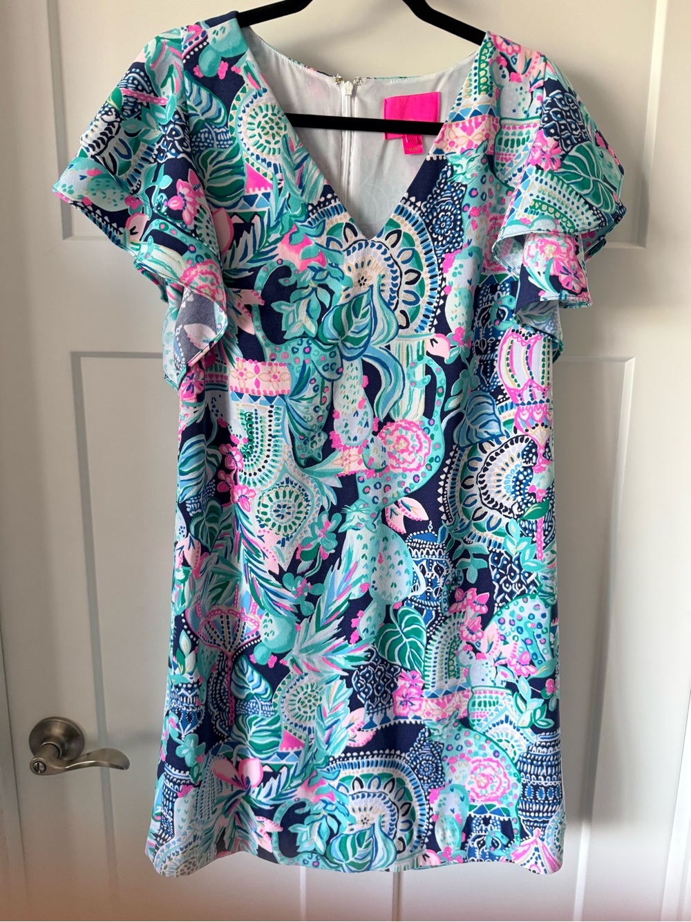 Lily Pulitzer Vibrant Floral V-Neck Shift Dress - Navy, Teal & Pink Size 8